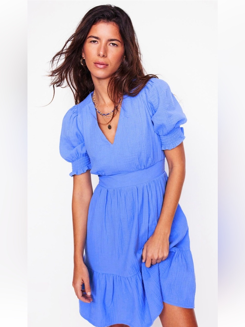 Boden Anna Double Cloth short Blue V-Neck Tiered Dress